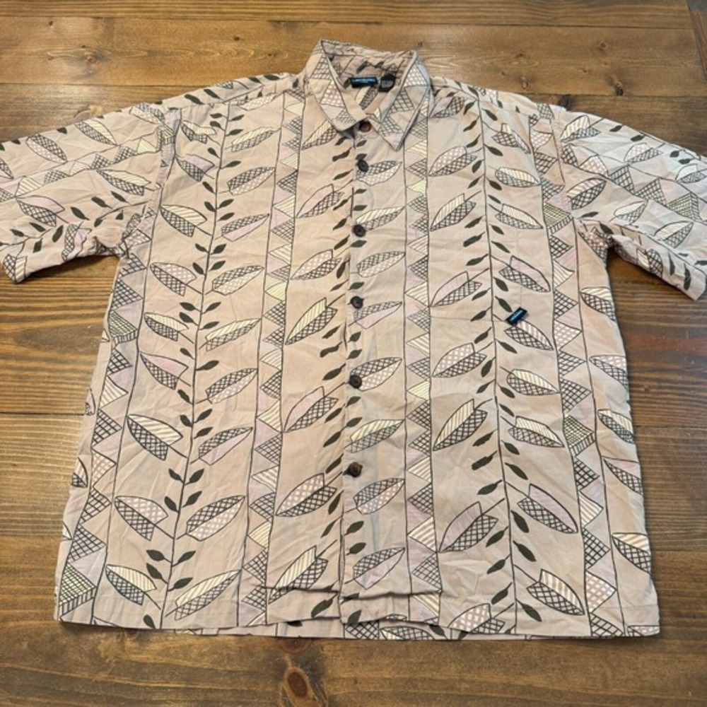 KAVU Button‎ Up Shirt Mens Large Brown Floral Boxy Outdoor Casual
